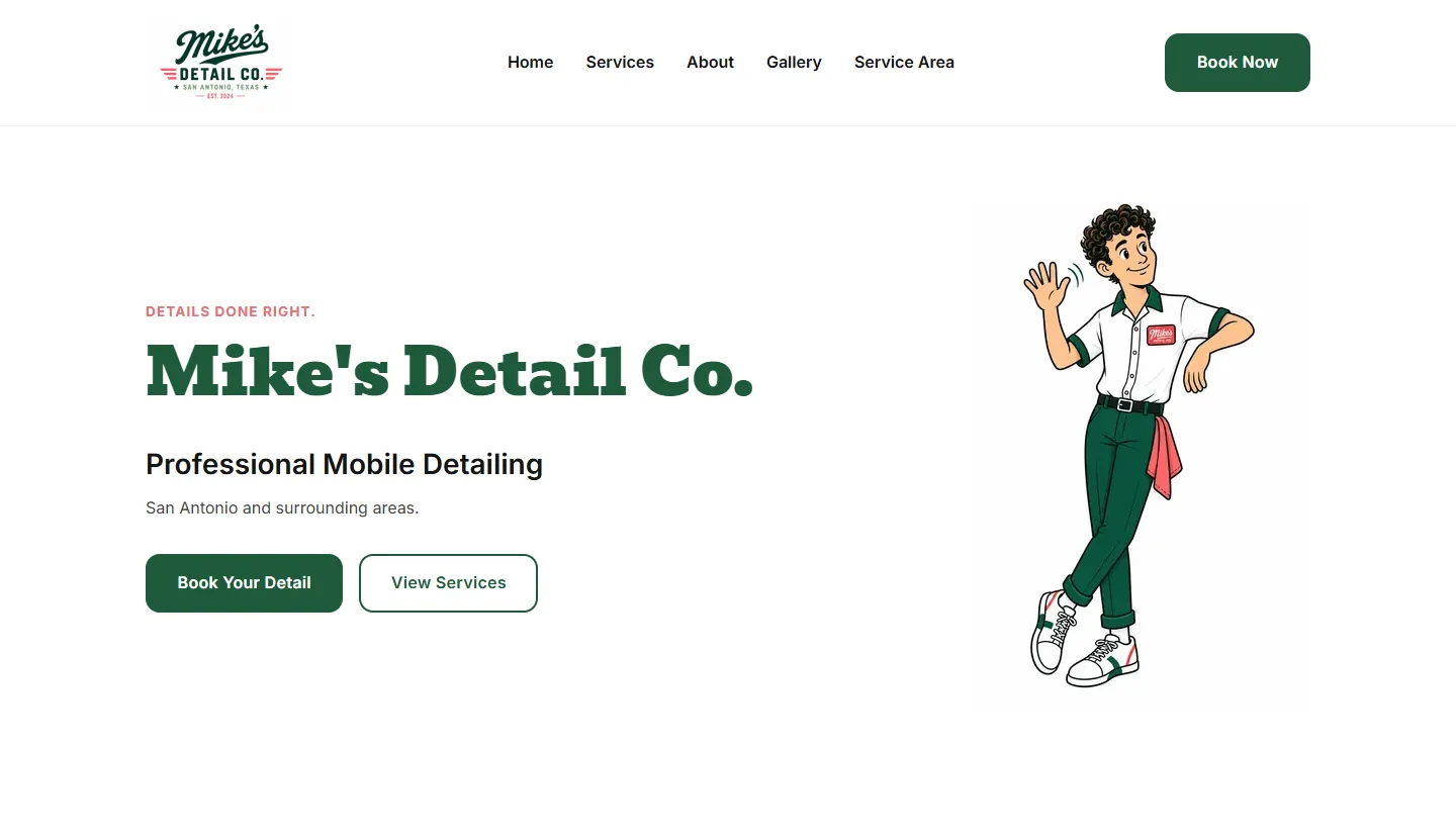 Mike's Detail Co. homepage on a laptop