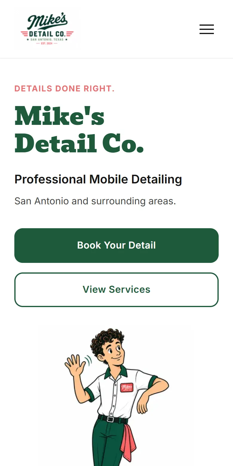 Mike's Detail Co. homepage on a phone