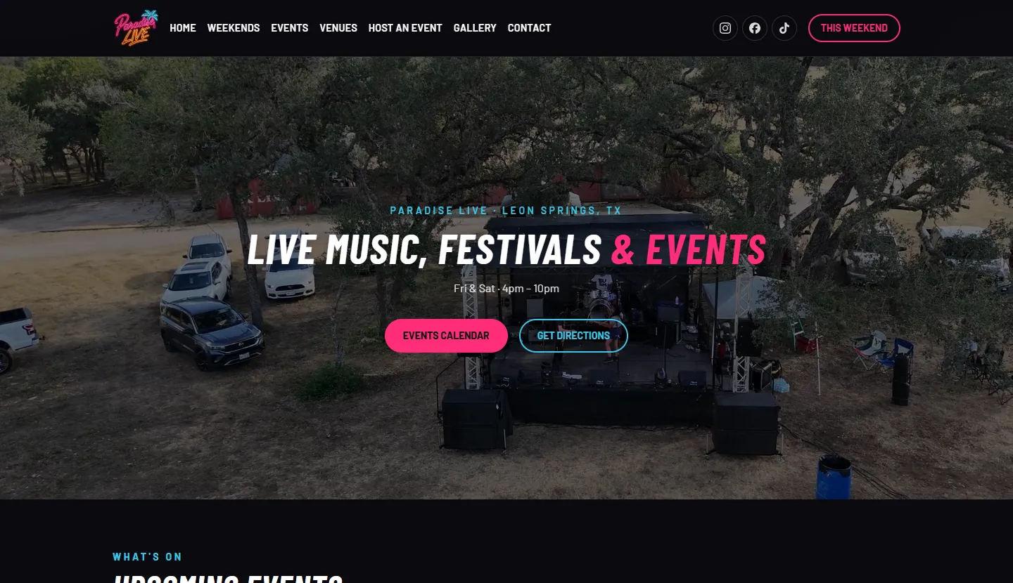 Paradise Live homepage on a laptop