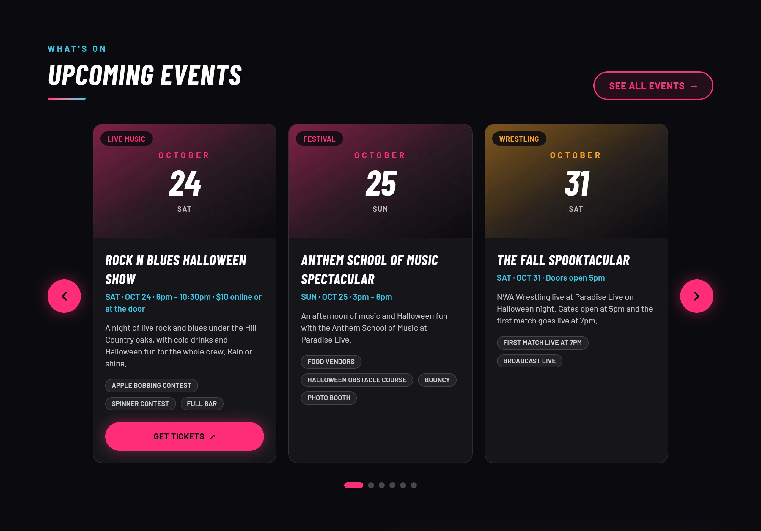Upcoming shows, each with its date, times and a ticket link.