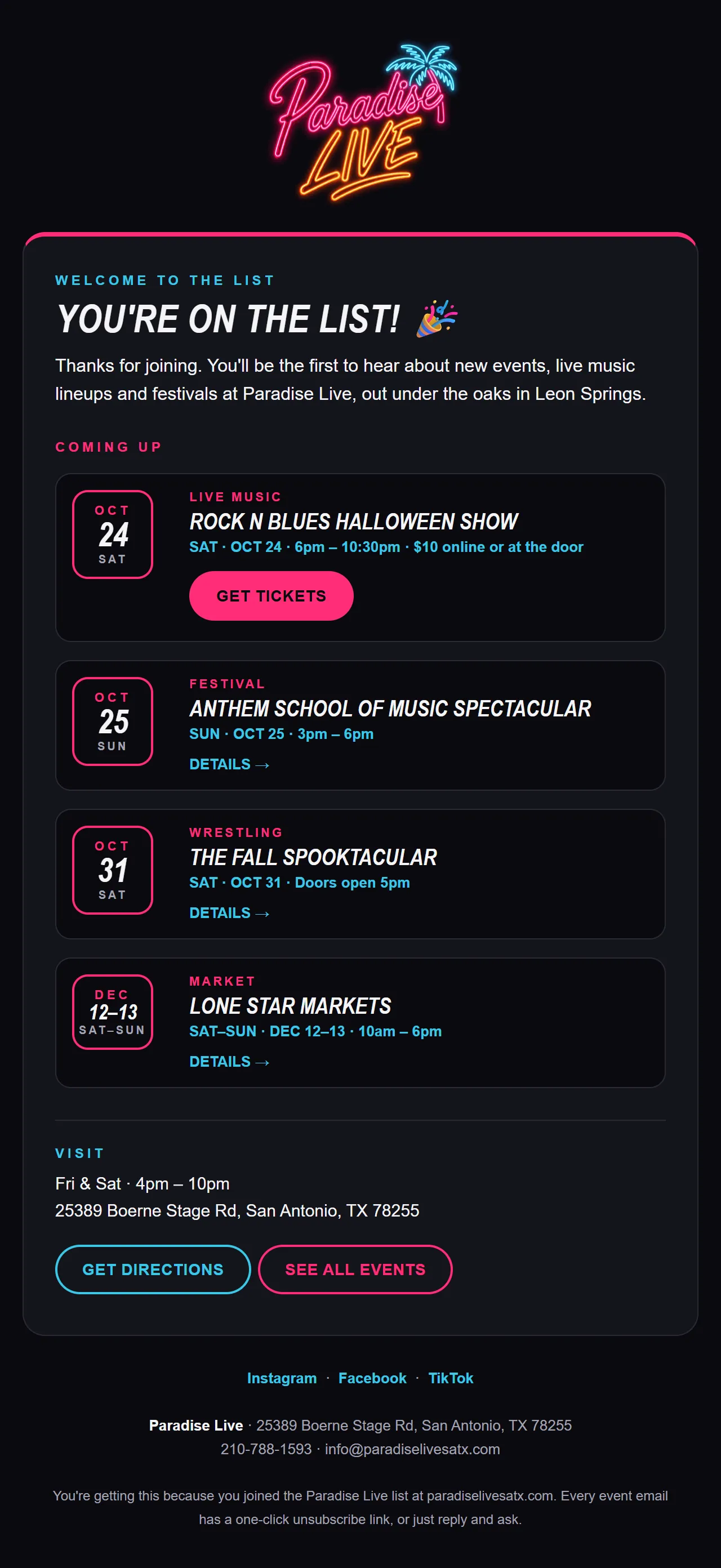 Paradise Live welcome email listing upcoming events